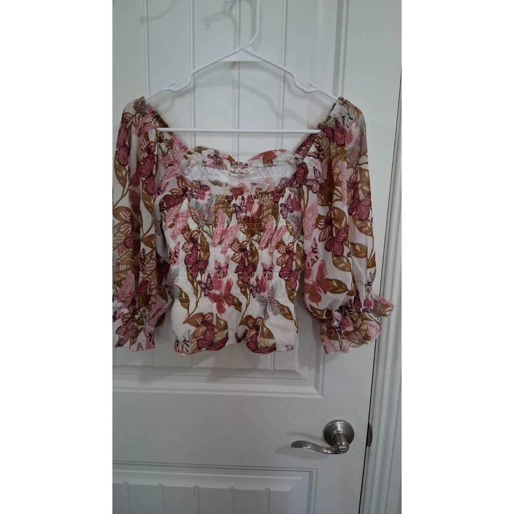 Indulge Women’s Large Butterfly Floral Smocked Crop Top Puff Sleeve Pink